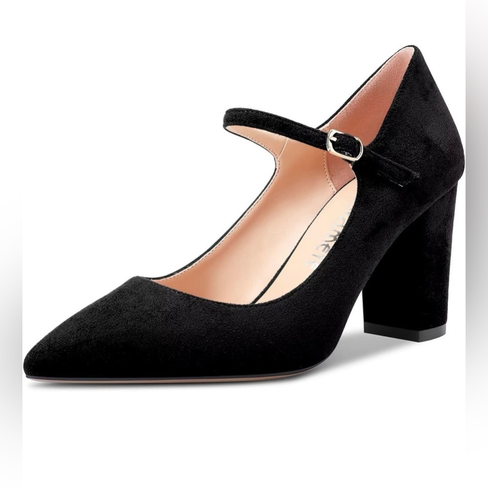 Liuruijia Women Mid Chunky Block Heel Pointed Toe Pumps Ankle Strap Buckle